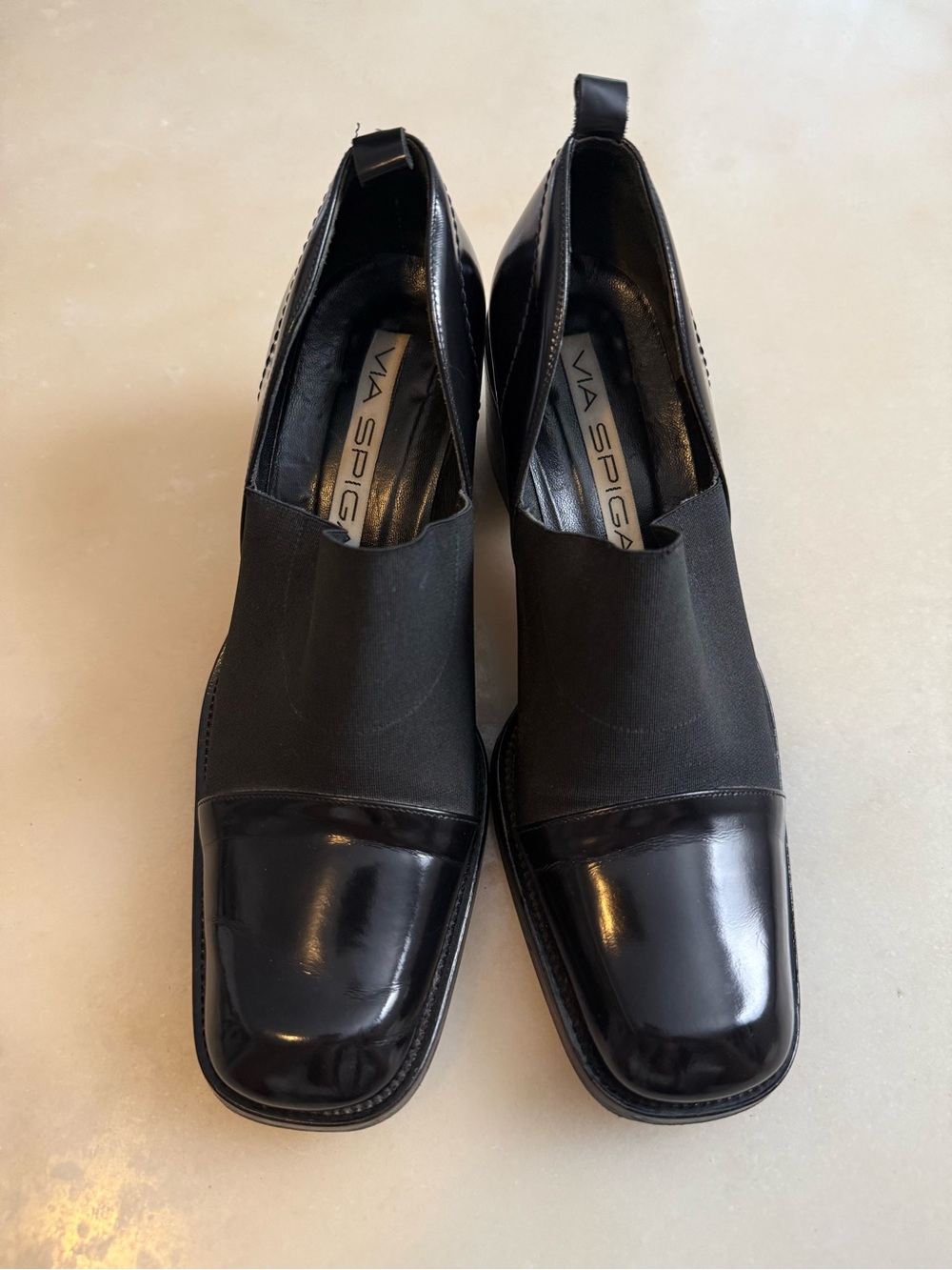 Via Spiga Made in Italy Black Leather Square Toe Stretch Gore Block Heel Pumps